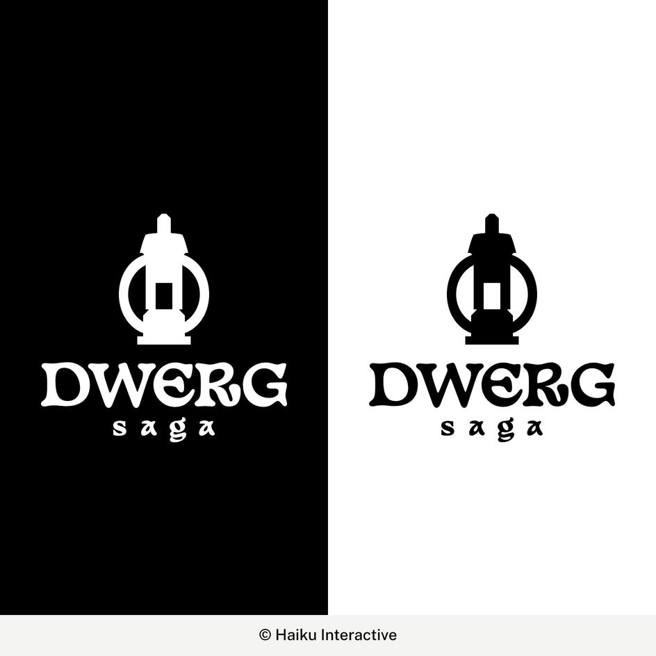 Image: A latern with a shape similar to the house, Text: Dwerg Saga. ©Haiku Interactive