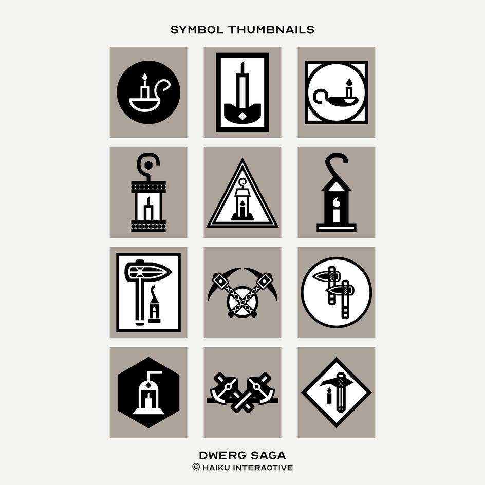 Images: Twelve vector drawings of logo thumbnails. The illustrations feature lanterns, candles and axes. ©Haiku Interactive