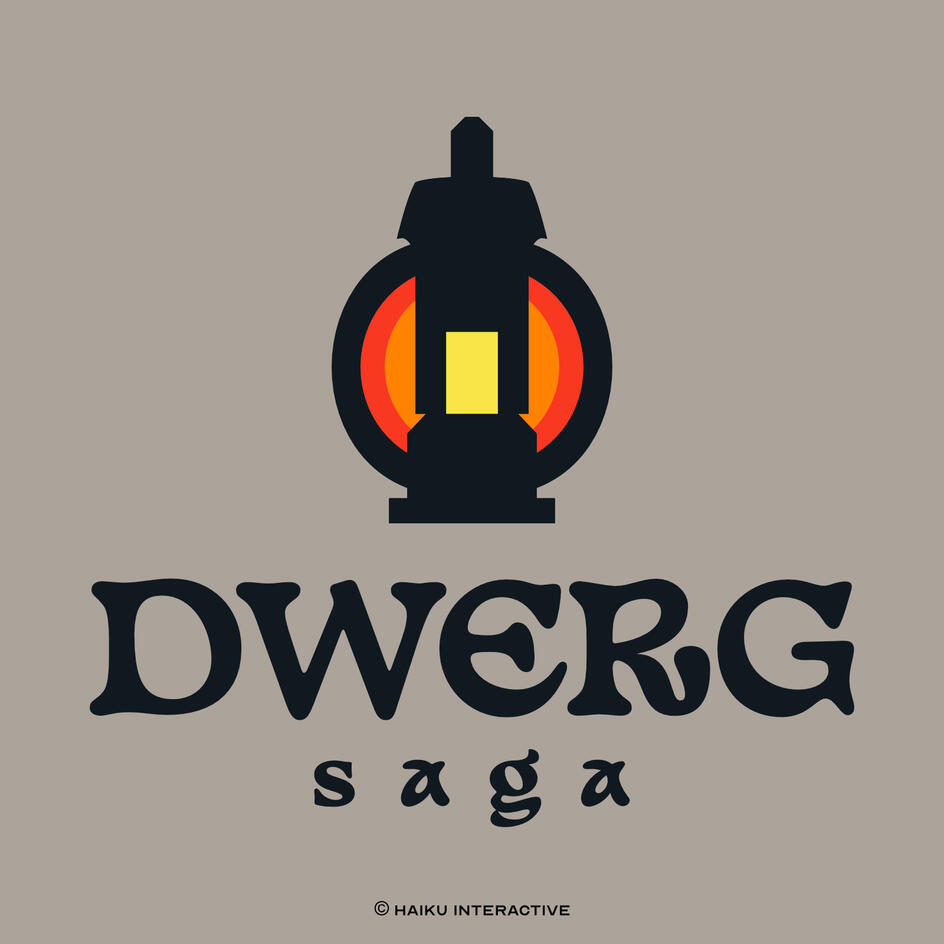 Image: A latern with a shape similar to the house, Text: Dwerg Saga. ©Haiku Interactive
