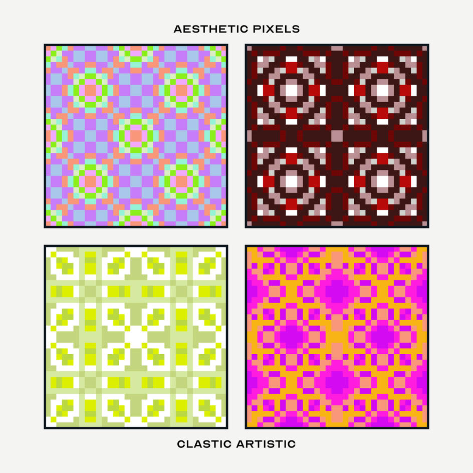 Pixel version. Top Left Pattern: Lime green and coral petals on lilac diamonds, Top Right Pattern: Maroon diamonds with mahogany accents, Bottom Left Pattern: Lime with white accents on pistachio, Bottom Right Pattern: Saffron energy ripples on phlox