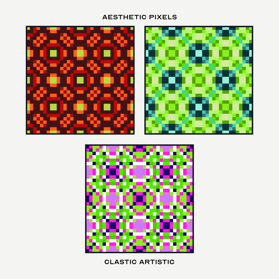 Pixel version. Top Left Pattern: Pumpkin petals and vectors with lime shapes, Top Right Pattern: Malachite octagons on turquoise petals, Middle Pattern: Purple diamond with cyan accents