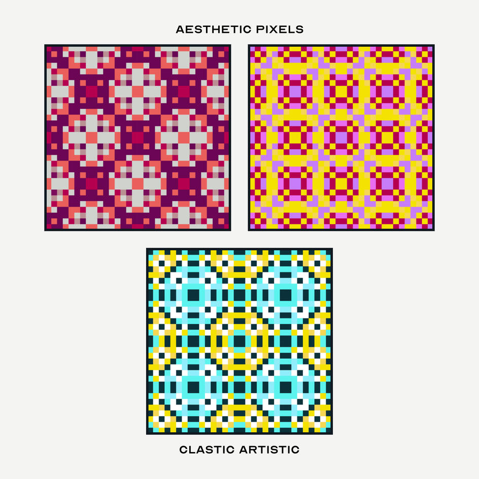 Pixel version. Top Left Pattern: Platinum petals on mauveine and cerise, Top Right Pattern: Canary and cerise petals on plum, Middle Pattern: Aureolin and cyan corals