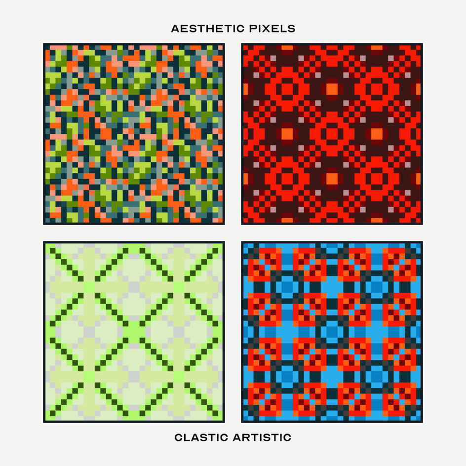Pixel version. Top Left Pattern: Yellow-green and tangelo leaves on Payne’s grey, Top Right Pattern: Cinnabar energy ripples on burnt umber, Bottom Left Pattern: Spring green crosses on celadon, Bottom Right Pattern: International orange points on azure ve