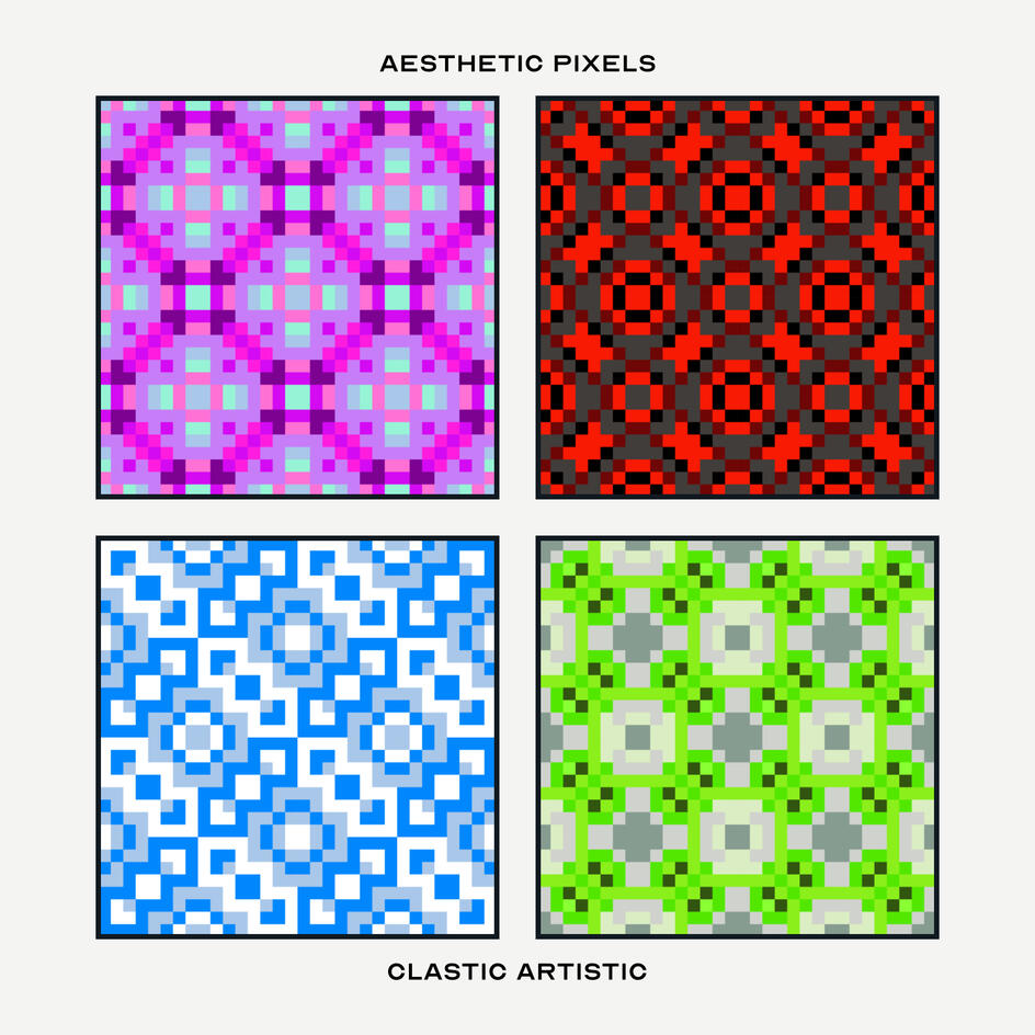 Pixel version. Top Left Pattern: Purple diamond with cyan accents, Top Right Pattern: Crimson florals and crosses with grey accents, Bottom Left Pattern: Blue shimmer crosses with squares, Bottom Right Pattern: Chartreuse and grey crosses and squares
