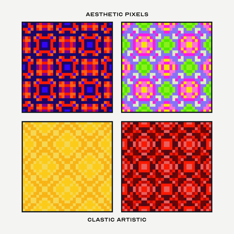 Pixel version. Top Left Pattern: Pattern: Indigo and orange traditional square tiles, Top Right Pattern: Pattern: Fuchsia florals and malachite lilies on turquoise, Bottom Left Pattern: Pattern: Golden lemon diamonds and crosses, Bottom Right Pattern: Patt