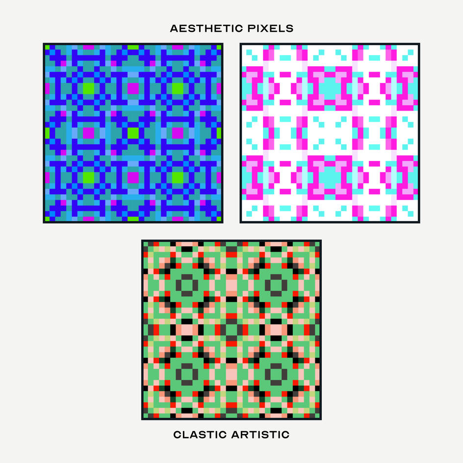 Pixel version. Top Left Pattern: Azure vectors on turquoise, Top Right Pattern: White squares on magenta and cyan vectors, Middle Pattern: Celadon petals with red ruffles