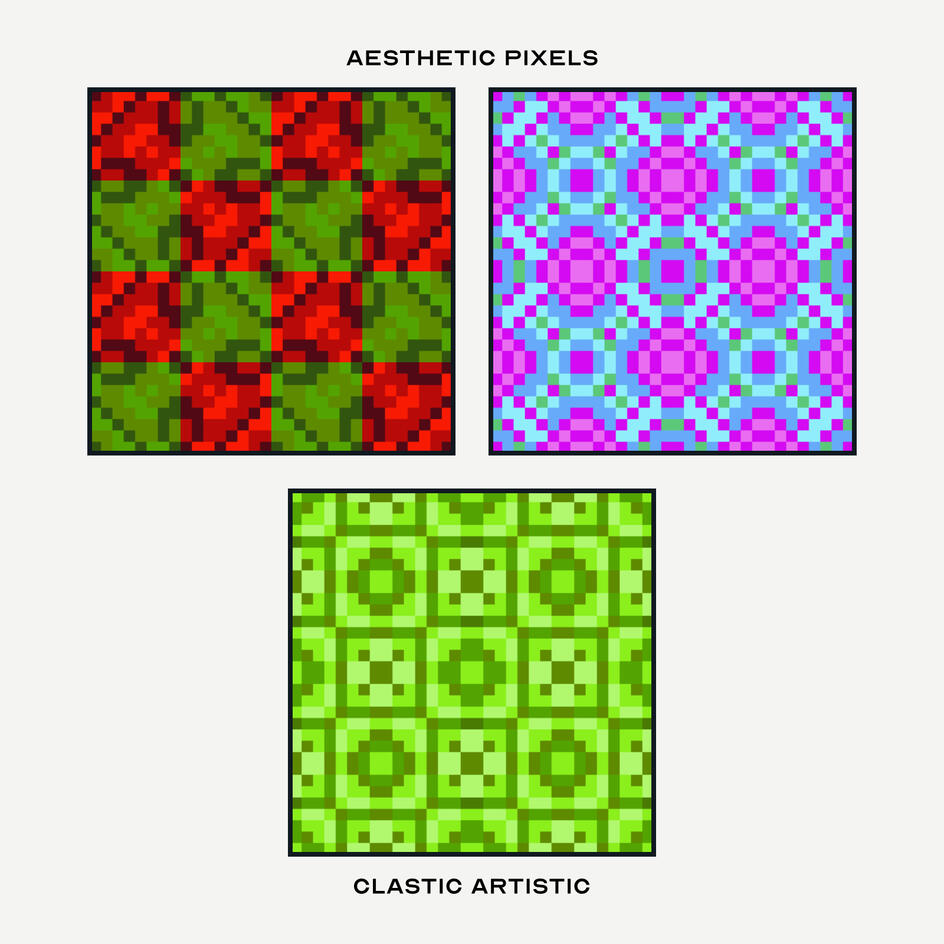 Pixel version. Top Left Pattern: Raspberry and emerald chequerboard, Top Right Pattern: Magenta diamonds on cerulean, Middle Pattern: Lime green squares and lines quilt