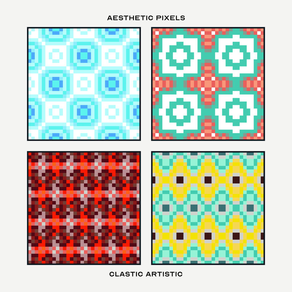 Pixel version. Top Left Pattern: Aqua discs with white accents, Top Right Pattern: Turquoise cubic stars on peach, Bottom Left Pattern: Orange and grey marquise diamonds on cardinal, Bottom Right Pattern: Amber and cyan curved marquise diamonds