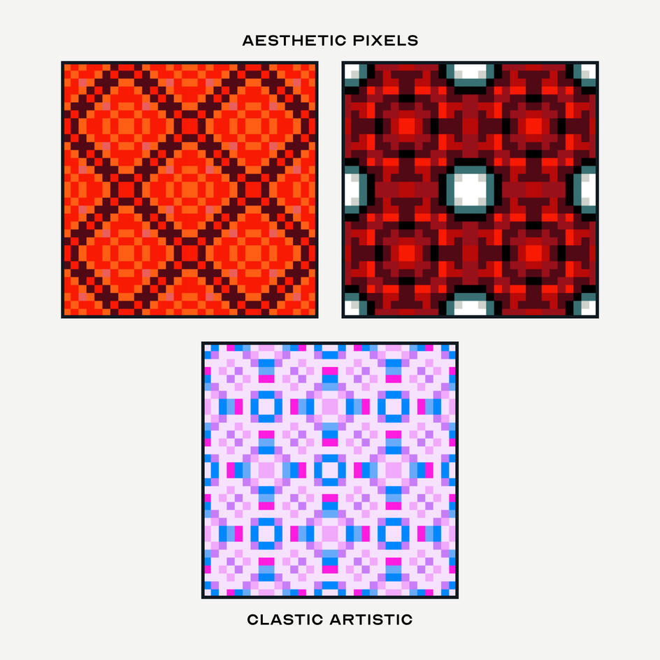 Pixel version. Top Left Pattern: Coquelicot diamonds with carmine crosses, Top Right Pattern: Candy red squares with pale points, Middle Pattern: Plum crosses on iris