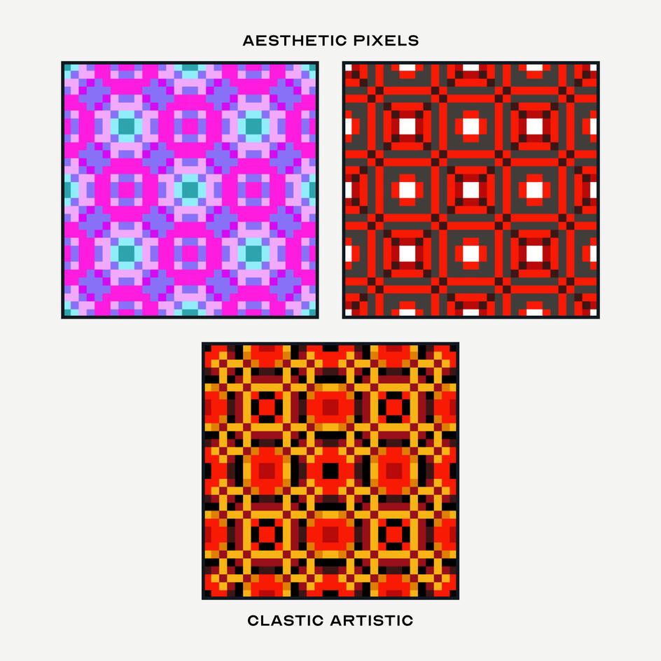 Pixel version. Top Left Pattern: Fuchsia florals with moonstone squares on lilac, Top Right Pattern: Red and white circular tiles on gunmetal, Middle Pattern: Coquelicot, bronze and black petals on gamboge