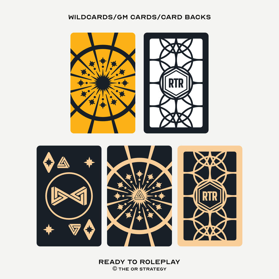 Images: Top: Player Wildcard (Yellow), Player Cardback. Bottom: GM critical card, GM Wildcard, GM Cardback (Gold on Black). ©The OR Strategy