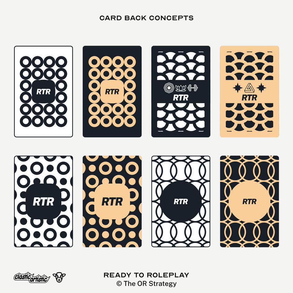 Images: Four alternative card back designs in both player and GM versions. ©The OR Strategy