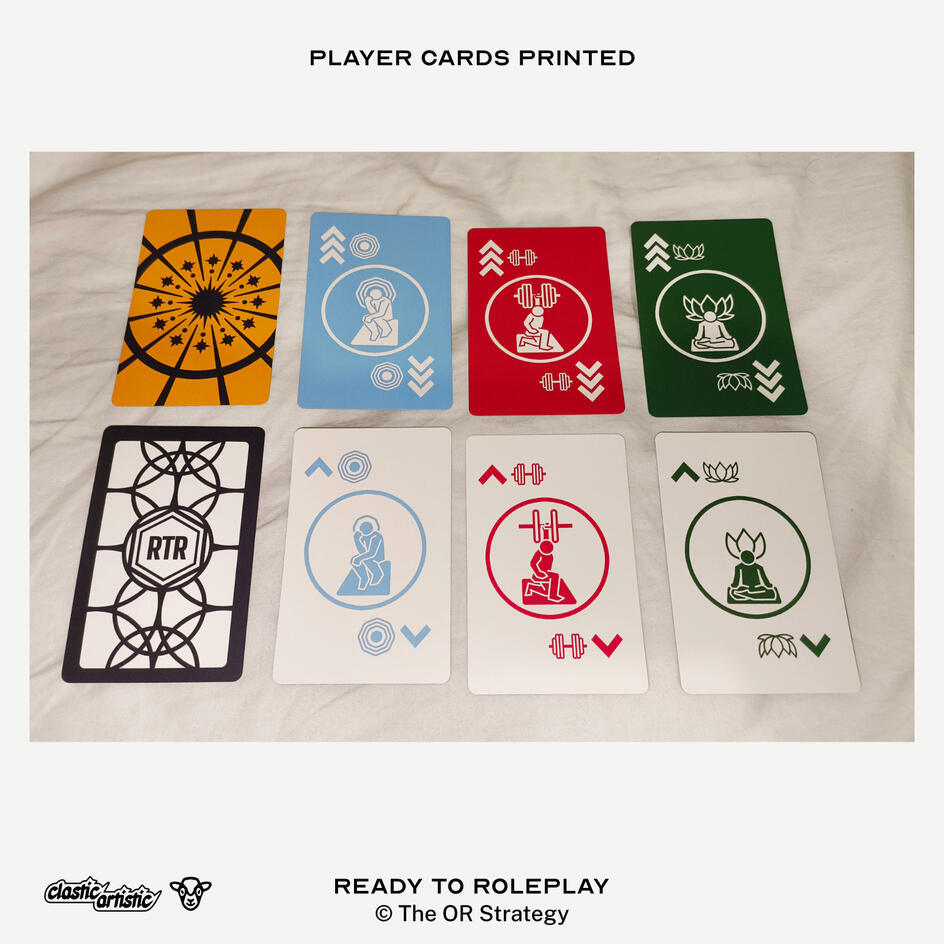 Images: Top: Wildcard, Mind, body and soul active cards (coloured backgrounds). Bottom: Card back, Mind, body and soul passive cards (white backgrounds). ©The OR Strategy