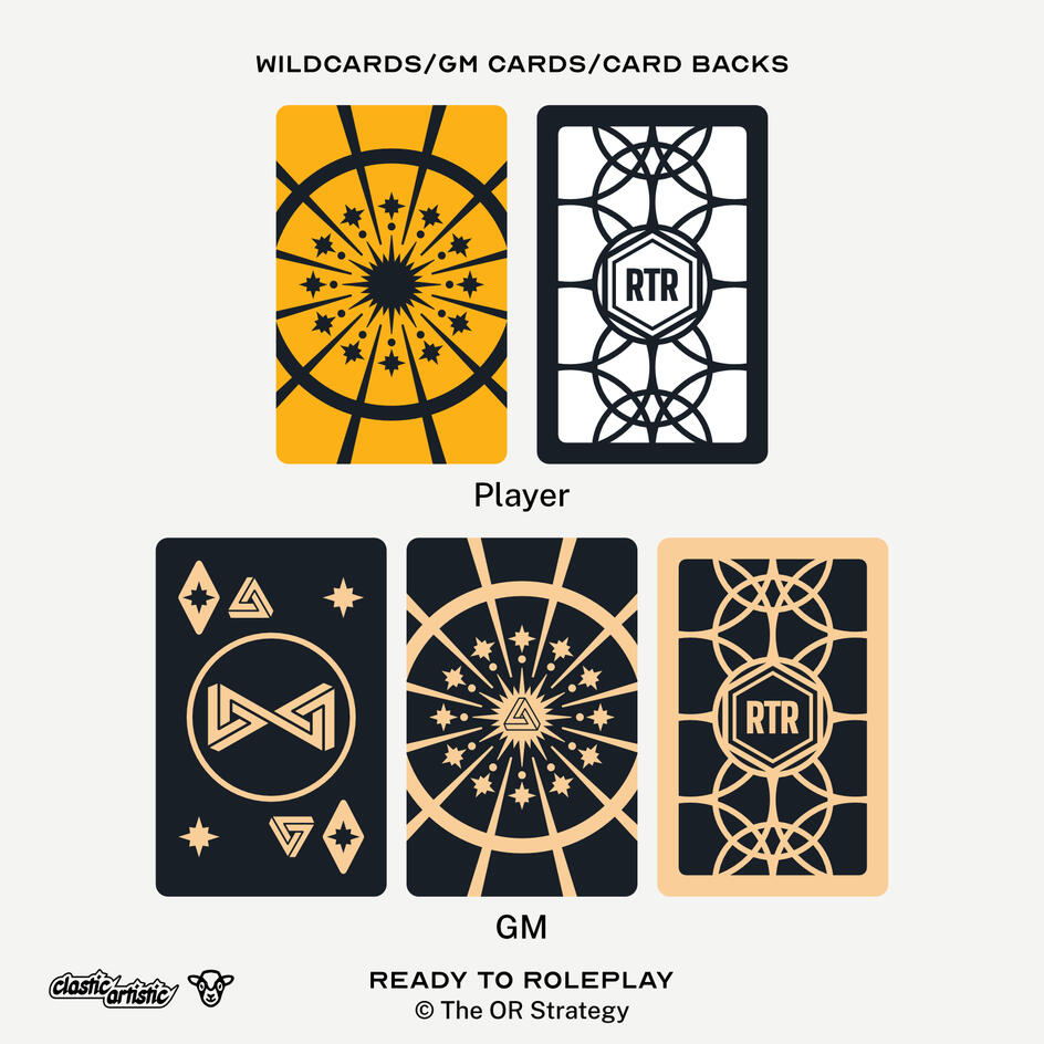 Images: Top: Player Wildcard (Yellow), Player Cardback. Bottom: GM critical card, GM Wildcard, GM Cardback (Gold on Black). ©The OR Strategy