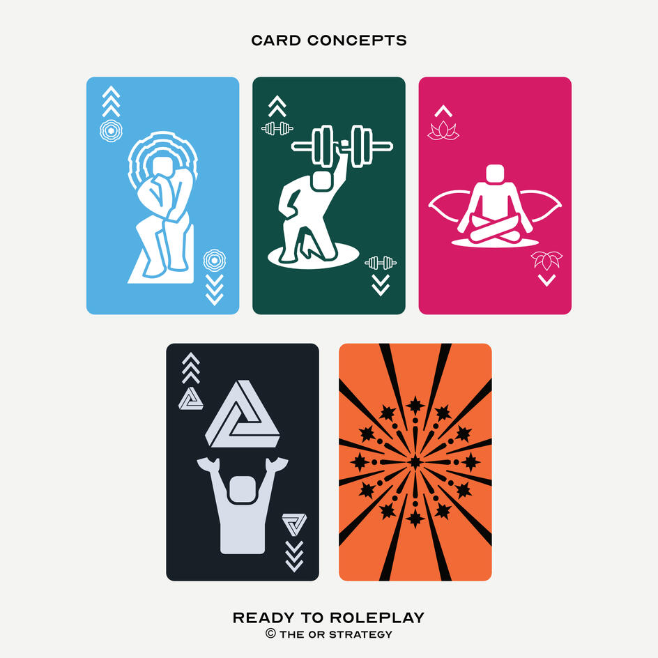 Images: Top: Mind, body and soul concept designs. Bottom: GM card concept design, card back concept design. ©The OR Strategy