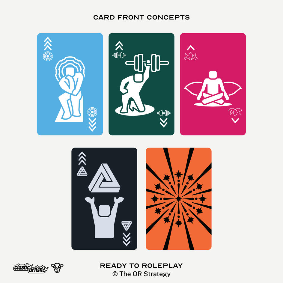 Images: Top: Mind, body and soul concept designs. Bottom: GM card concept design, card back concept design. ©The OR Strategy