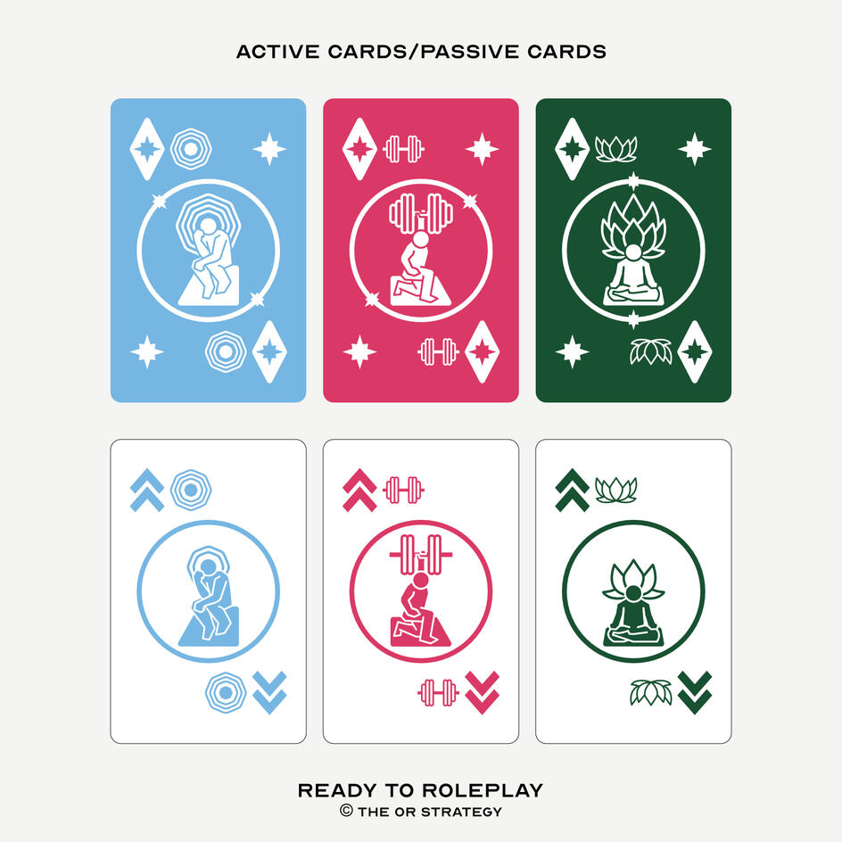 Images: Top: Mind, body and soul active cards (coloured backgrounds). Bottom: Mind, body and soul passive cards (white backgrounds). ©The OR Strategy