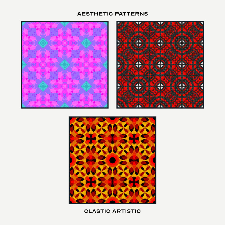 Pattern Version. Top Left Pattern: Fuchsia florals with moonstone squares on lilac, Top Right Pattern: Red and white circular tiles on gunmetal, Middle Pattern: Coquelicot, bronze and black petals on gamboge