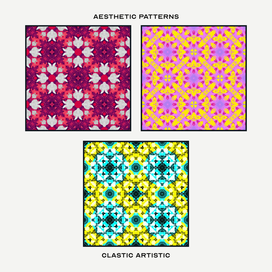 Pattern Version. Top Left Pattern: Platinum petals on mauveine and cerise, Top Right Pattern: Canary and cerise petals on plum, Middle Pattern: Aureolin and cyan corals