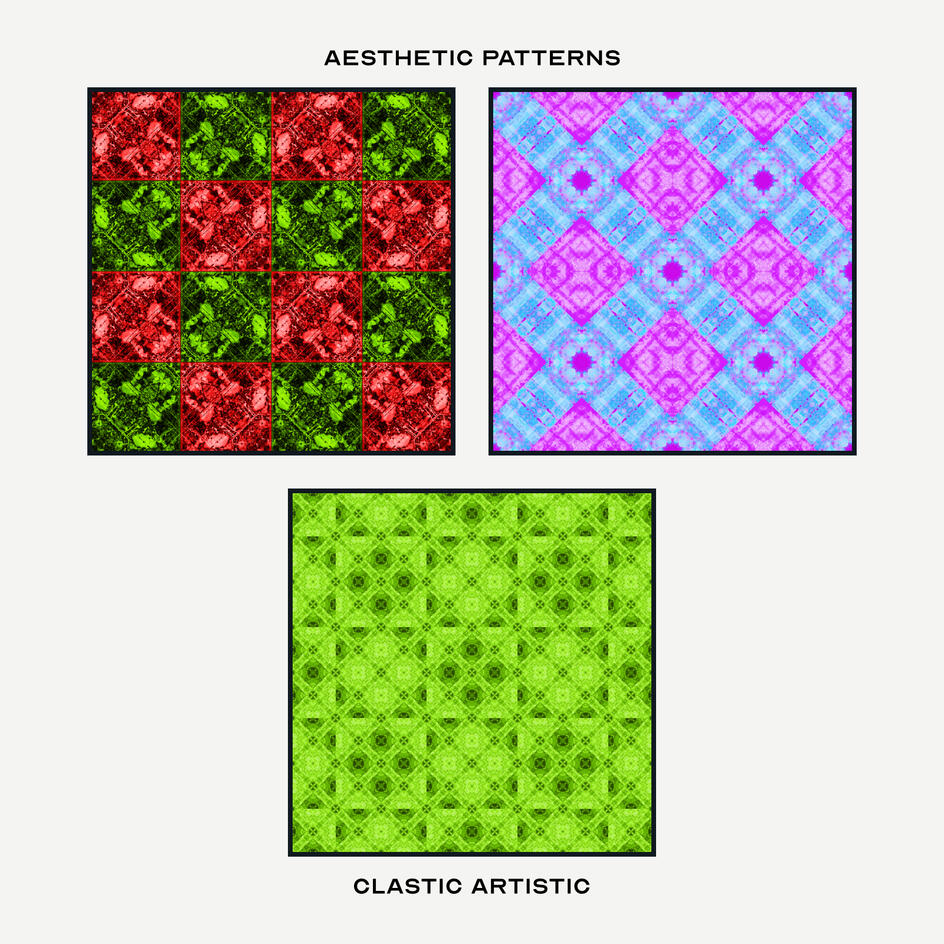 Pattern Version. Top Left Pattern: Raspberry and emerald chequerboard, Top Right Pattern: Magenta diamonds on cerulean, Middle Pattern: Lime green squares and lines quilt