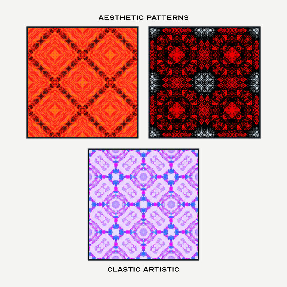 Pattern Version. Top Left Pattern: Coquelicot diamonds with carmine crosses, Top Right Pattern: Candy red squares with pale points, Middle Pattern: Plum crosses on iris