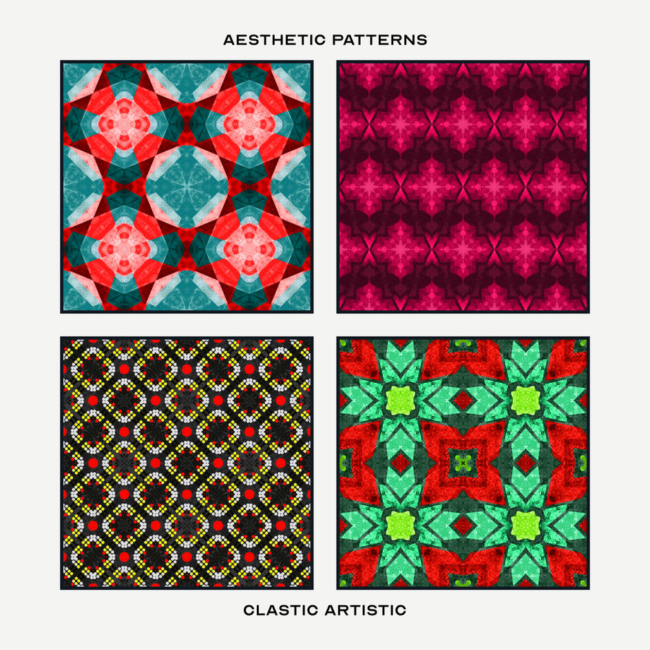 Pattern Version. Top Left Pattern: Candy red arrows on teal squares, Top Right Pattern: Raspberry points and crosses, Bottom Left Pattern: Icterine, red and grey points on jet black, Bottom Right Pattern: Red and turqoise petals on pine green