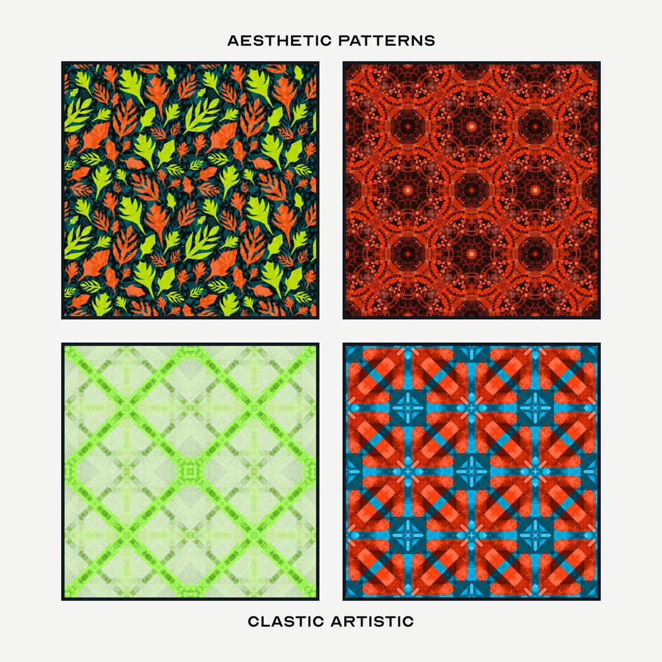 Pattern Version. Top Left Pattern: Yellow-green and tangelo leaves on Payne’s grey, Top Right Pattern: Cinnabar energy ripples on burnt umber, Bottom Left Pattern: Spring green crosses on celadon, Bottom Right Pattern: International orange points on azure