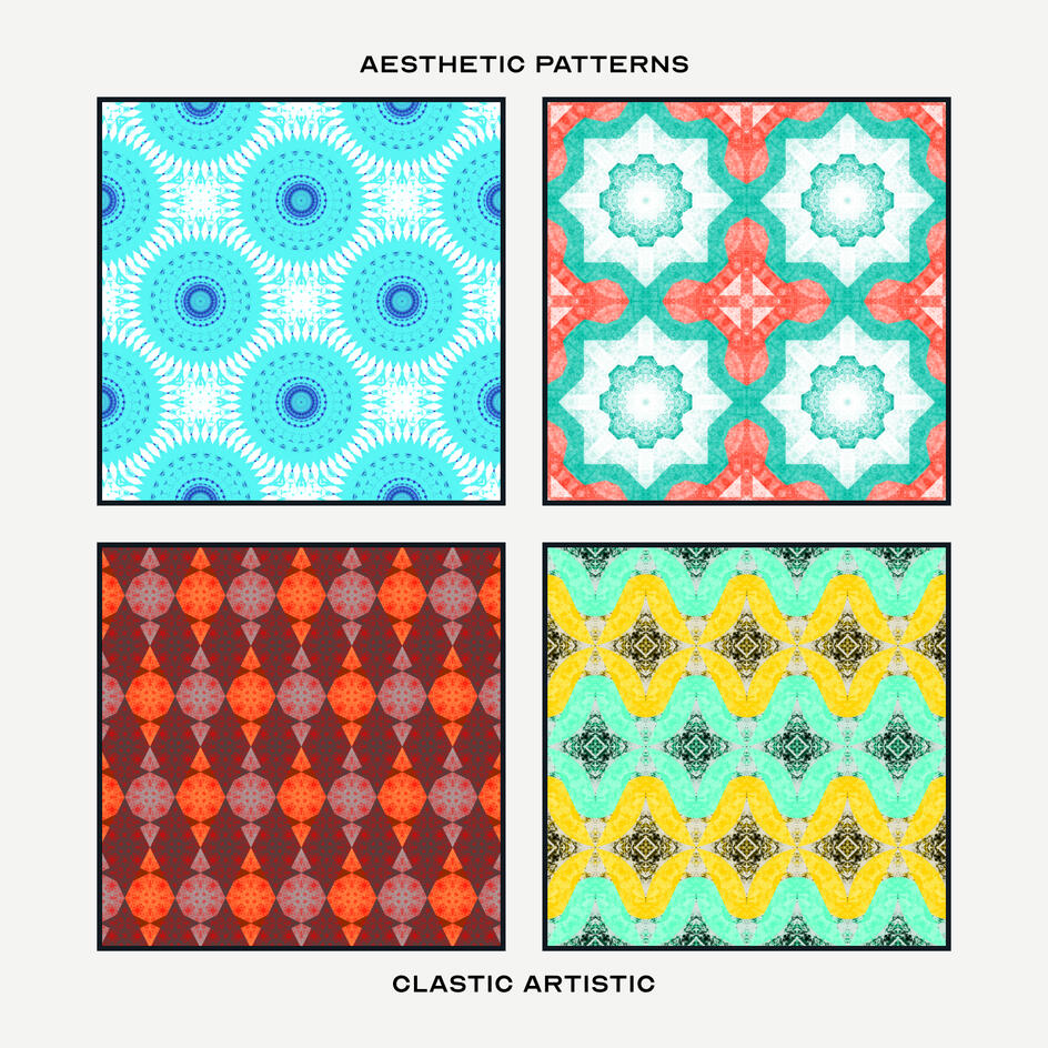 Pattern Version. Top Left Pattern: Aqua discs with white accents, Top Right Pattern: Turquoise cubic stars on peach, Bottom Left Pattern: Orange and grey marquise diamonds on cardinal, Bottom Right Pattern: Amber and cyan curved marquise diamonds
