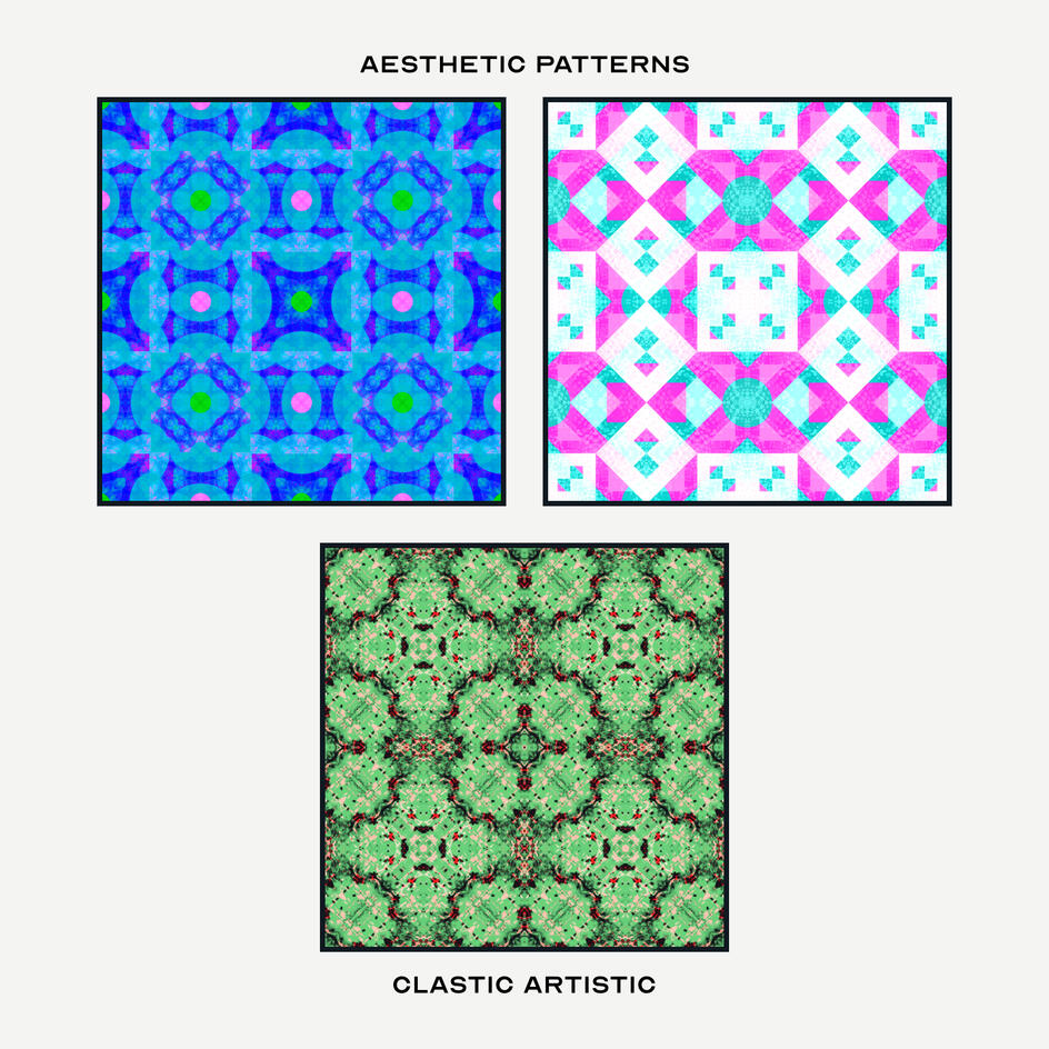 Pattern Version. Top Left Pattern: Azure vectors on turquoise, Top Right Pattern: White squares on magenta and cyan vectors, Middle Pattern: Celadon petals with red ruffles