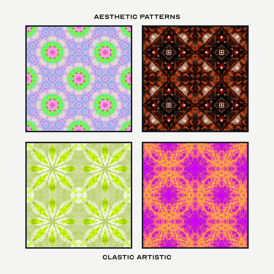 Pattern Version. Top Left Pattern: Lime green and coral petals on lilac diamonds, Top Right Pattern: Maroon diamonds with mahogany accents, Bottom Left Pattern: Lime with white accents on pistachio, Bottom Right Pattern: Saffron energy ripples on phlox