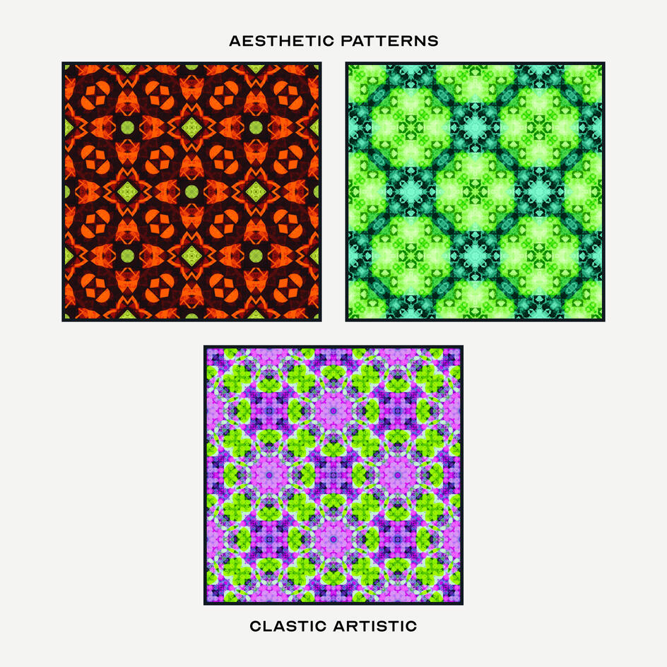 Pattern Version. Top Left Pattern: Pumpkin petals and vectors with lime shapes, Top Right Pattern: Malachite octagons on turquoise petals, Middle Pattern: Purple diamond with cyan accents