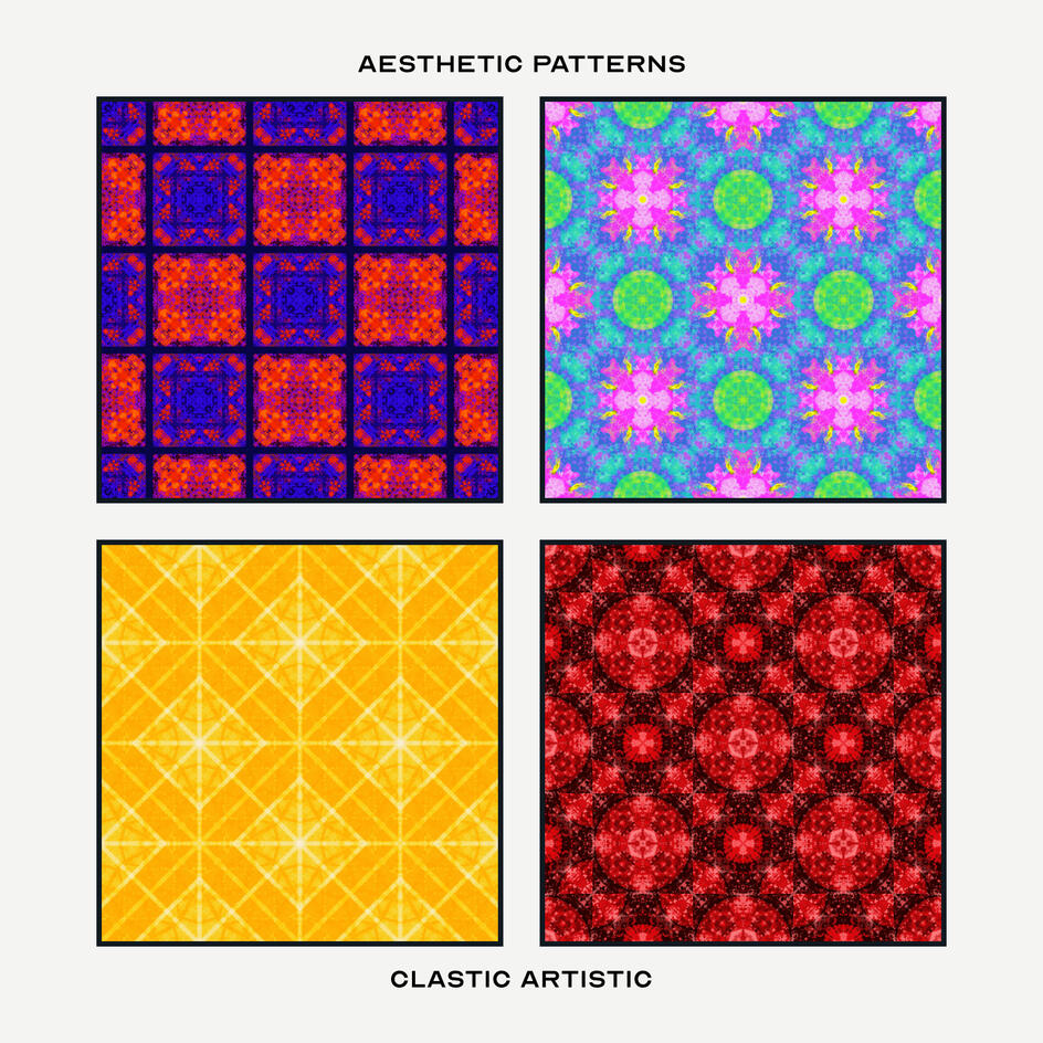 Pattern Version. Top Left Pattern: Pattern: Indigo and orange traditional square tiles, Top Right Pattern: Pattern: Fuchsia florals and malachite lilies on turquoise, Bottom Left Pattern: Pattern: Golden lemon diamonds and crosses, Bottom Right Pattern: Pa