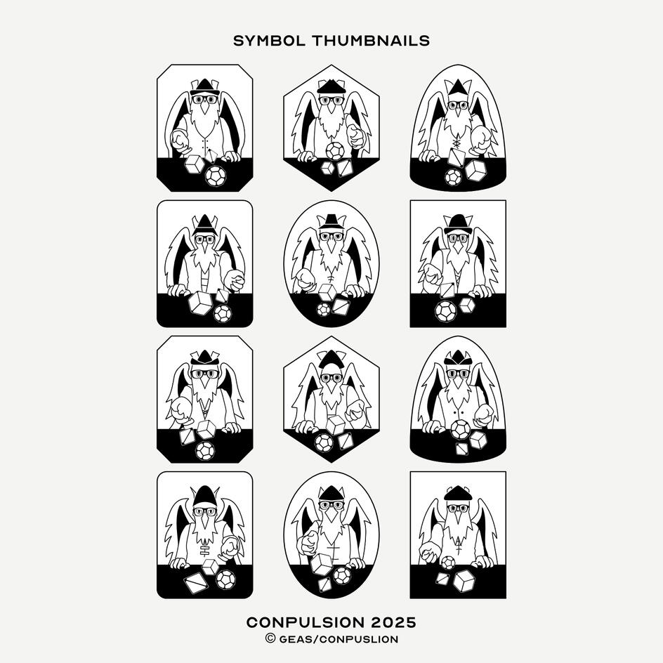 Images: Twelve vector drawings of gryphons dressed in character rolling dice towards the viewer. ©GEAS/Conpuslion