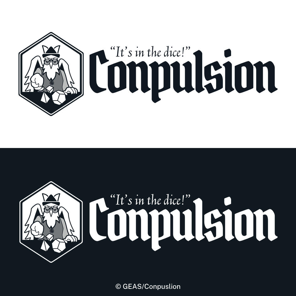 Images: Top: Black text against a white background, Bottom: White text against a black background. Logo: A Gryphon dressed in character rolling dice towards the viewer. Text: Conpulsion, "It's in the dice". ©GEAS/Conpulsion