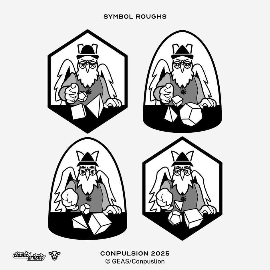 Images: Four refined vector drawings of gryphons dressed in character rolling dice towards the viewer. Two designs have a hexagon outline, two designs have an arched outline. ©GEAS/Conpulsion