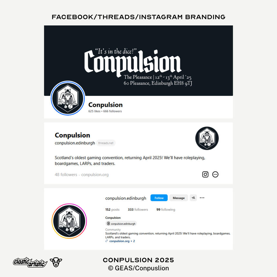 Images: Top: Horizontal logo on facebook banner, Middle: Avatar on Threads. Bottom: Avatar on Instagram. ©GEAS/Conpulsion