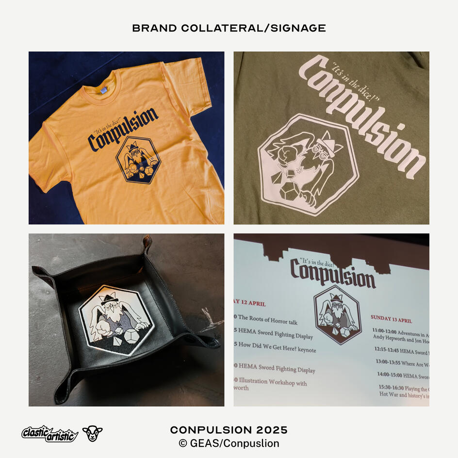 Top Left: Organiser t-shirt (Yellow), Top Right: Guest t-shirt (Green), Bottom Left: One-off dice tray by ThatsSewSueScotland, Bottom Right: Logo in the talks itinerary projected in theatre. ©GEAS/Conpulsion
