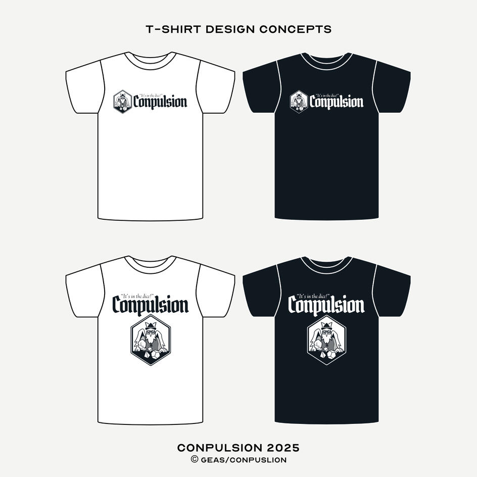 Images: Left: Two white t-shirt designs with a horizontal and vertical logo design on the left. Right: Two black t-shirt designs with a horizontal and vertical logo design. ©GEAS/Conpuslion