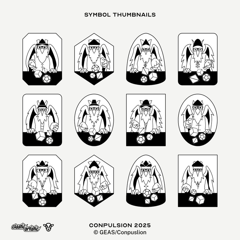 Images: Twelve vector drawings of gryphons dressed in character rolling dice towards the viewer. ©GEAS/Conpulsion