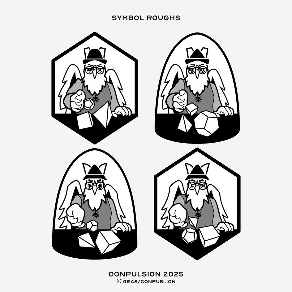 Images: Four refined vector drawings of gryphons dressed in character rolling dice towards the viewer. Two designs have a hexagon outline, two designs have an arched outline. ©GEAS/Conpuslion