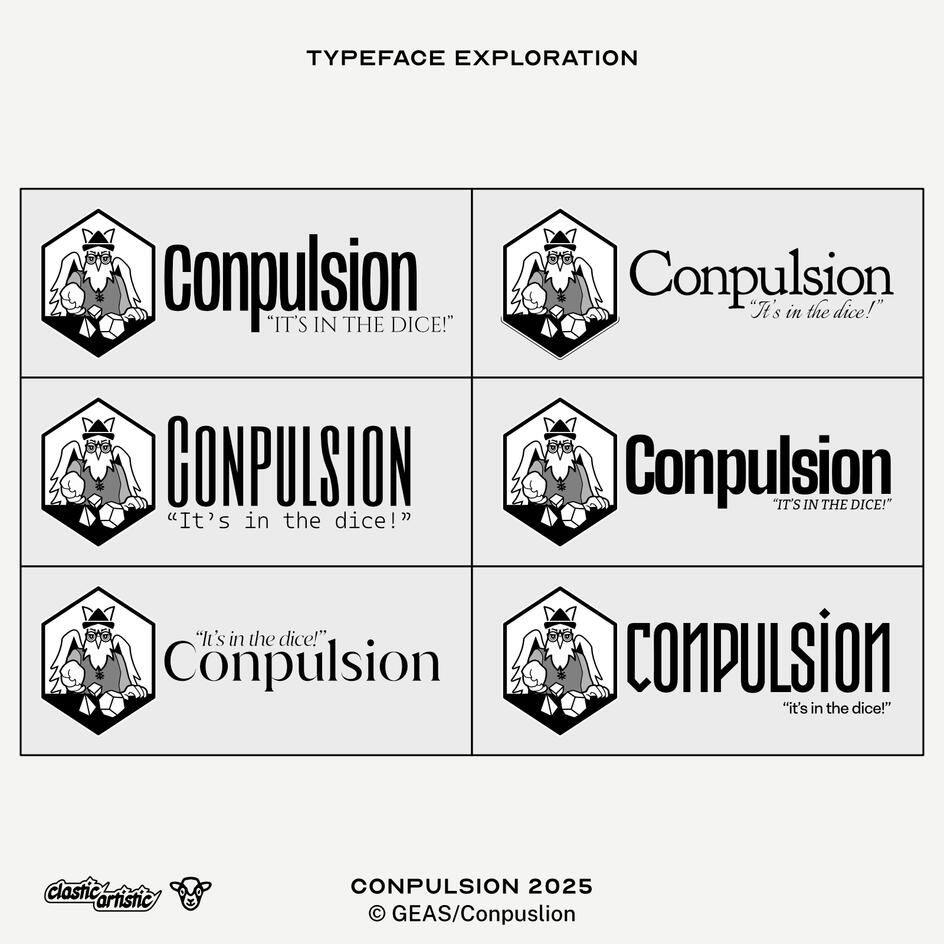Image: Six alternative text versions of the logo. Text: Conpulsion, "It's in the dice". ©GEAS/Conpulsion