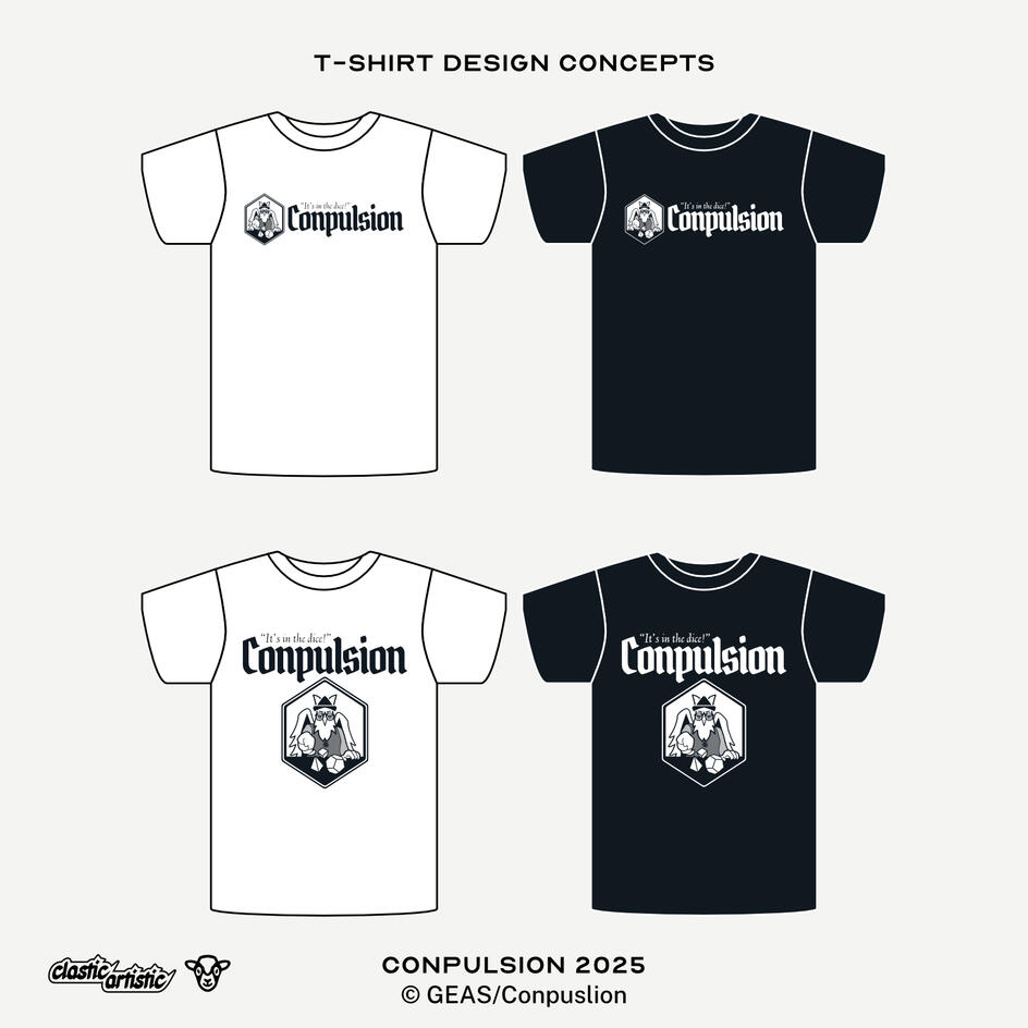 Images: Left: Two white t-shirt designs with a horizontal and vertical logo design on the left. Right: Two black t-shirt designs with a horizontal and vertical logo design. ©GEAS/Conpulsion