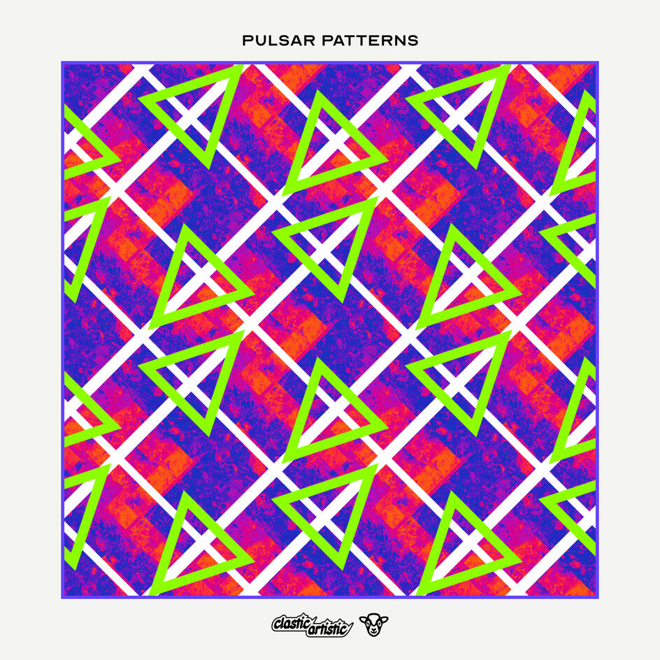 Pattern: Lime arrows and white lines on purple and orange
