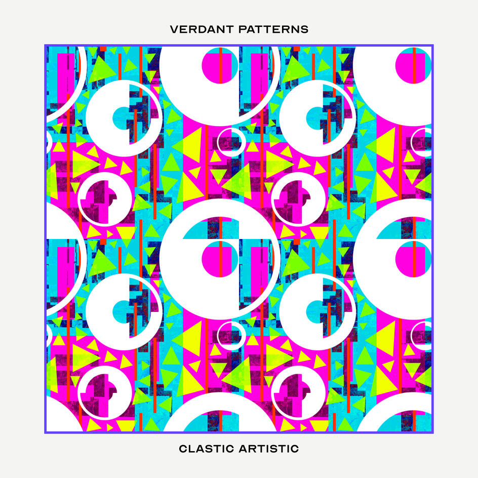 Pattern: White hoops and lime chips on cyan and magenta