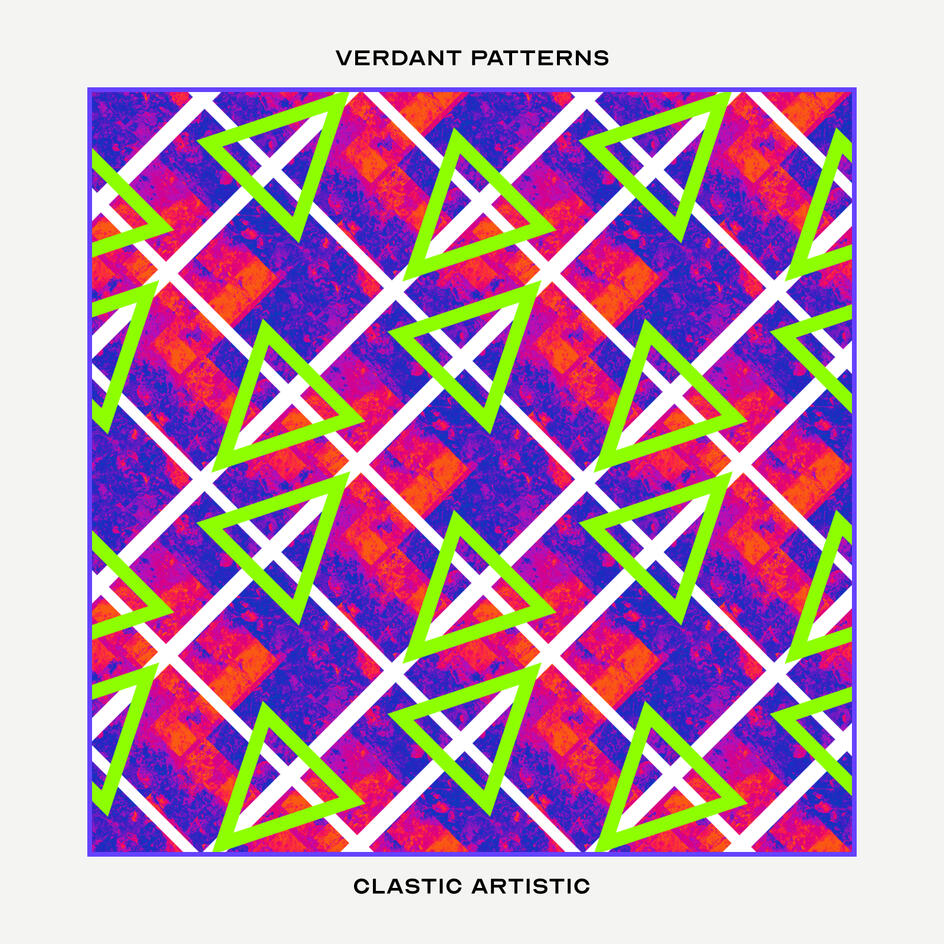 Pattern: Lime arrows and white lines on purple and orange