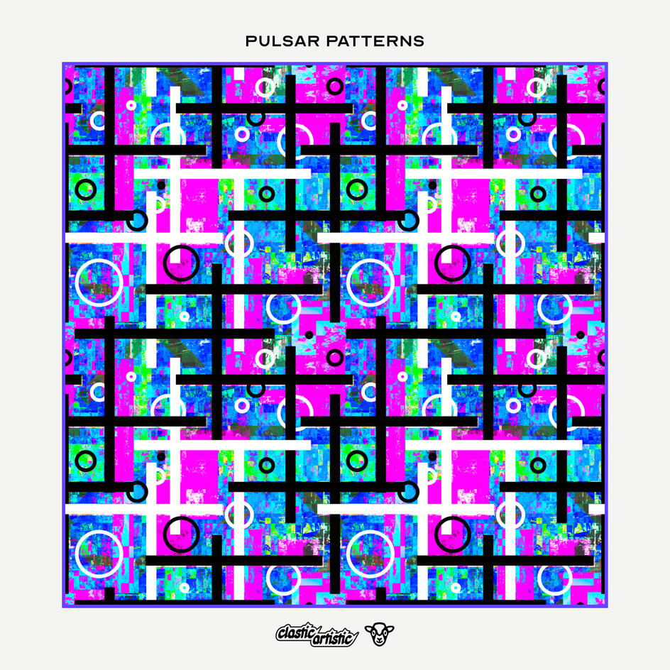 Pattern: Monochrome lines and bubbles on glitched hues ©Clastic Artistic