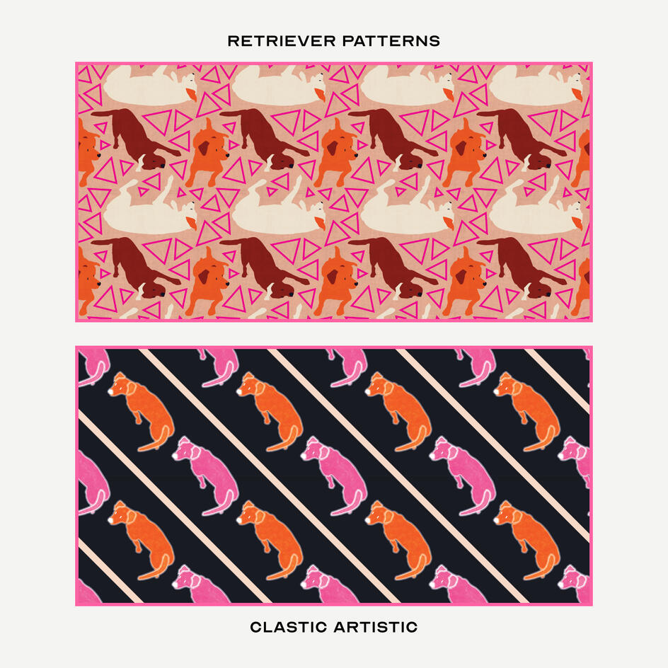 Top: Playful Labradors against pink triangles, Bottom: Orange and pink Labrador between diagonal stripes