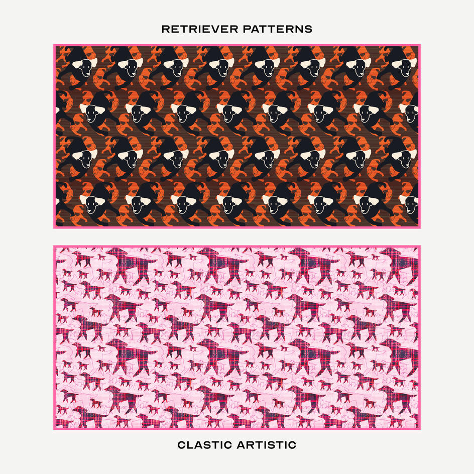 Top: Darting black and orange Labradors, Bottom: Navy red-textured vector Labradors on magenta