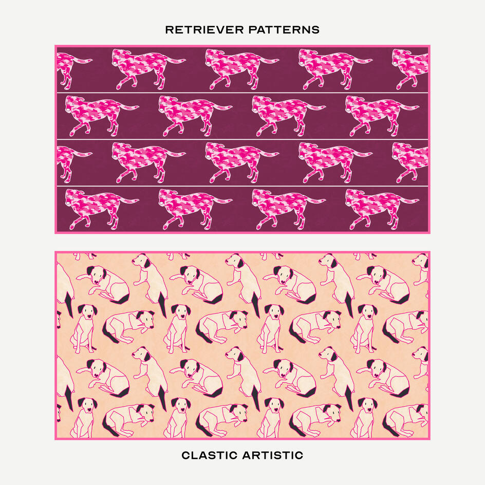Top: Pink vector collage Labradors on mauve, Bottom: Pink outlined Labradors on beige