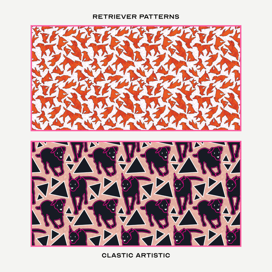 Top: Orange vector Labradors on pink outlines, Bottom: Pink outlined Labradors between triangles